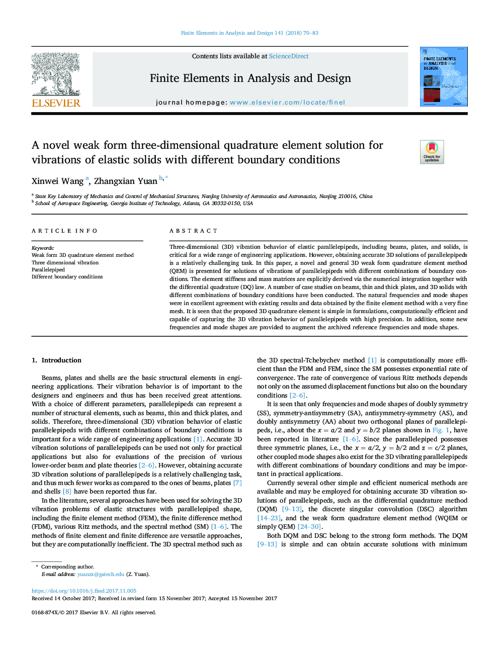 A novel weak form three-dimensional quadrature element solution for vibrations of elastic solids with different boundary conditions