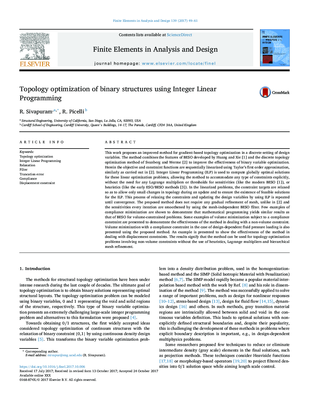 Topology optimization of binary structures using Integer Linear Programming