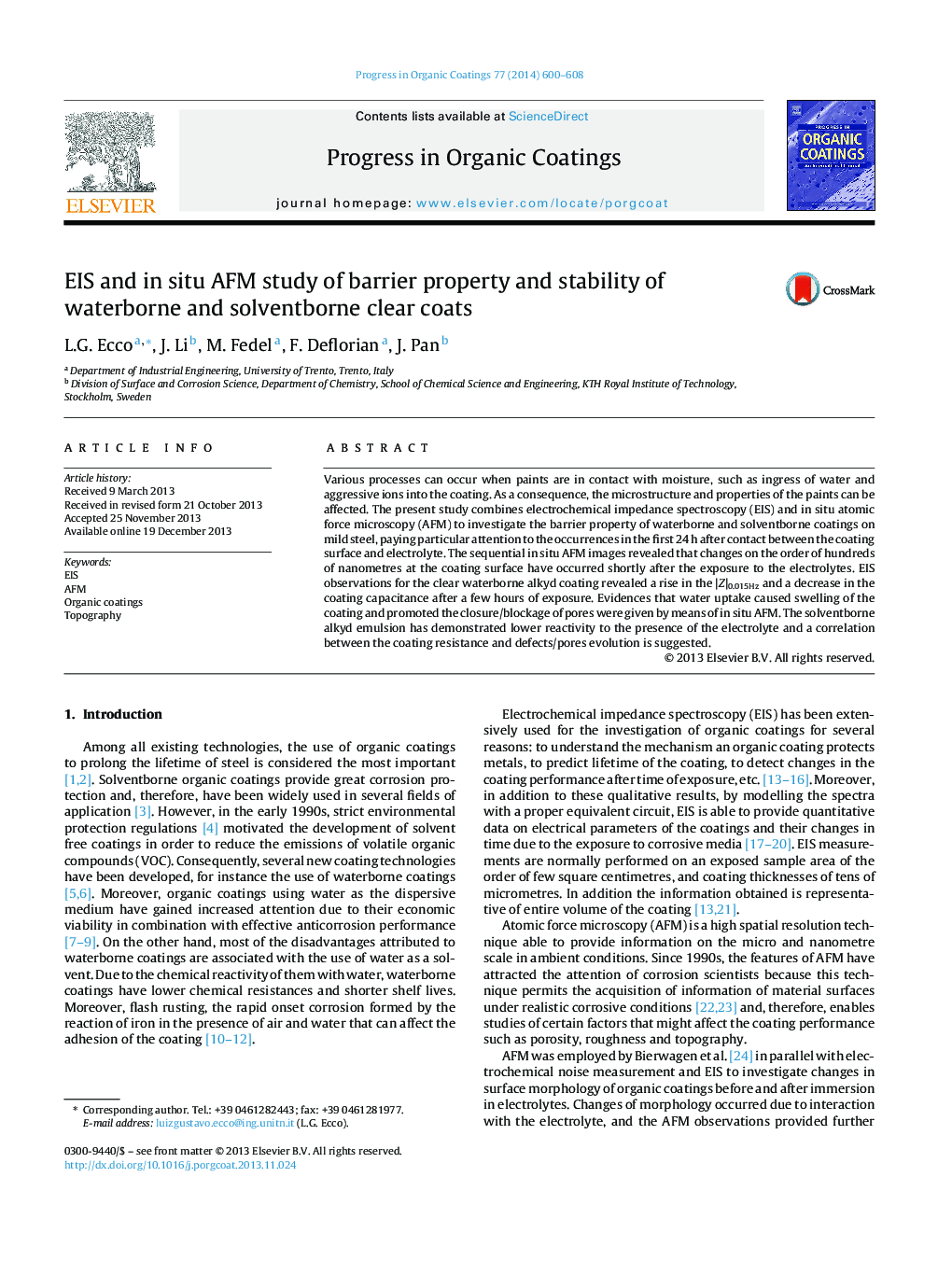 EIS and in situ AFM study of barrier property and stability of waterborne and solventborne clear coats