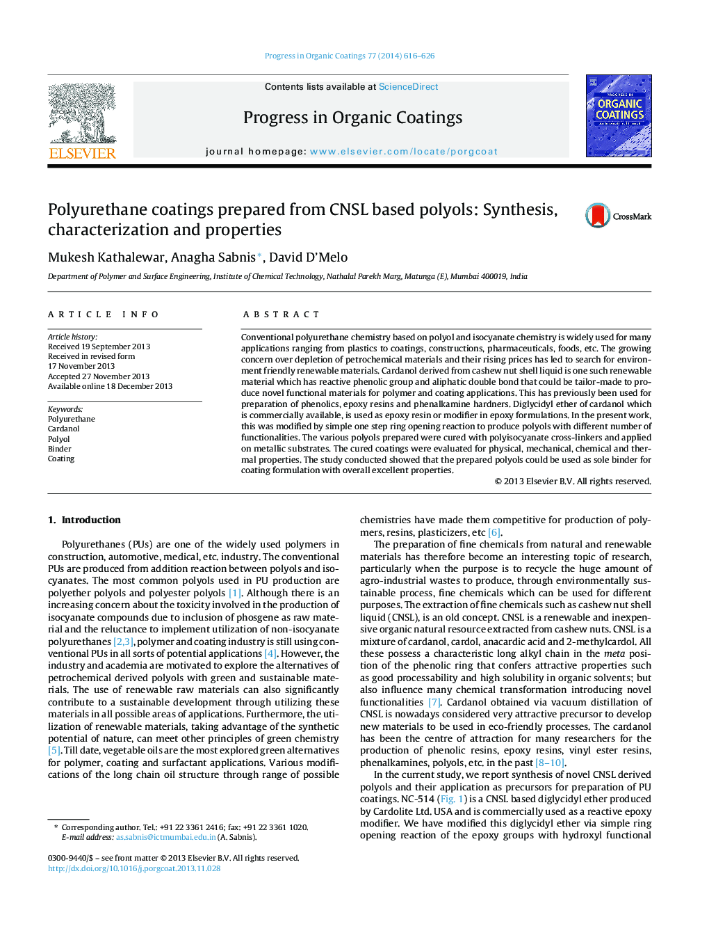 Polyurethane coatings prepared from CNSL based polyols: Synthesis, characterization and properties