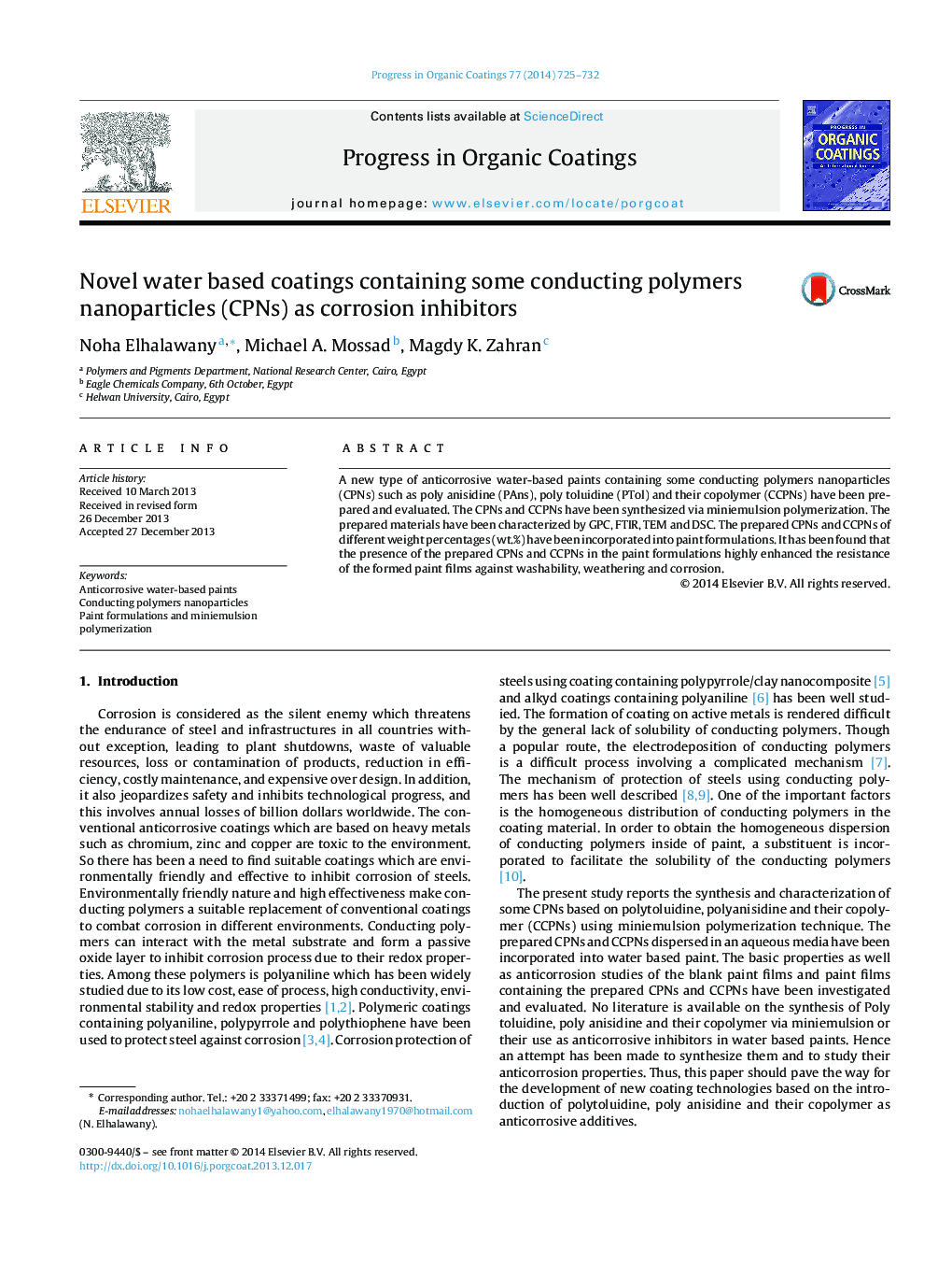 عکس صفحه اول مقاله: Novel water based coatings containing some conducting polymers nanoparticles (CPNs) as corrosion inhibitors Novel water based coatings containing some conducting polymers nanoparticles (CPNs) as corrosion inhibitors