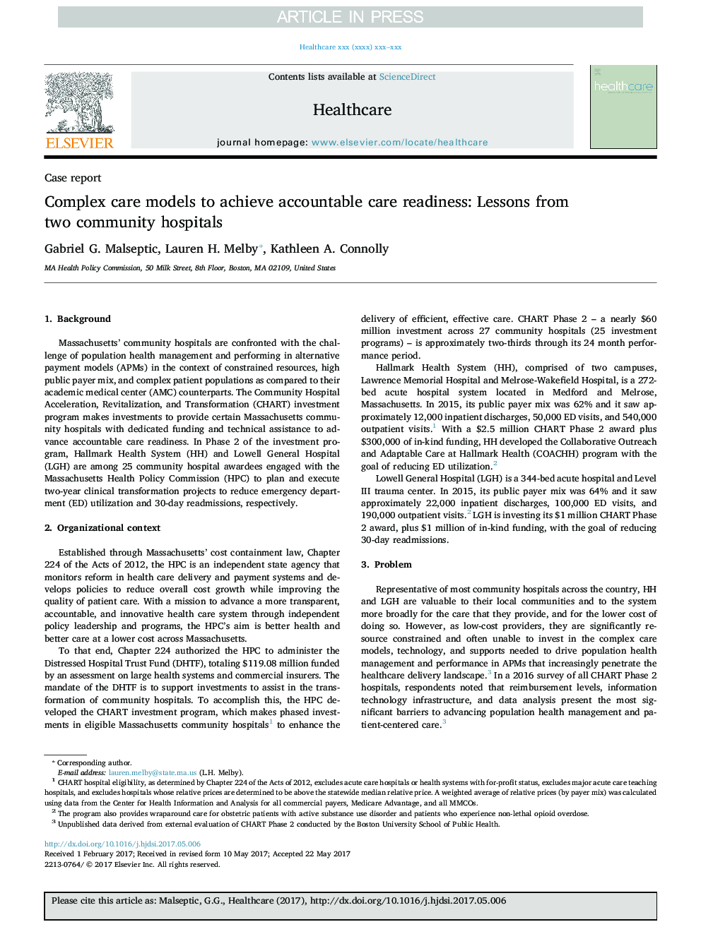 Complex care models to achieve accountable care readiness: Lessons from two community hospitals