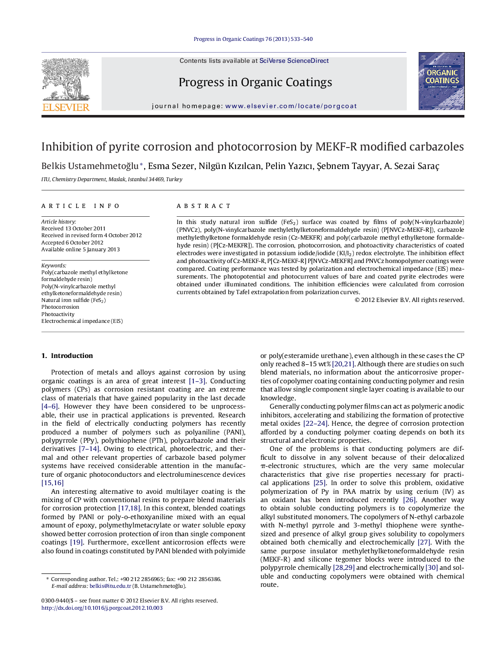 Inhibition of pyrite corrosion and photocorrosion by MEKF-R modified carbazoles