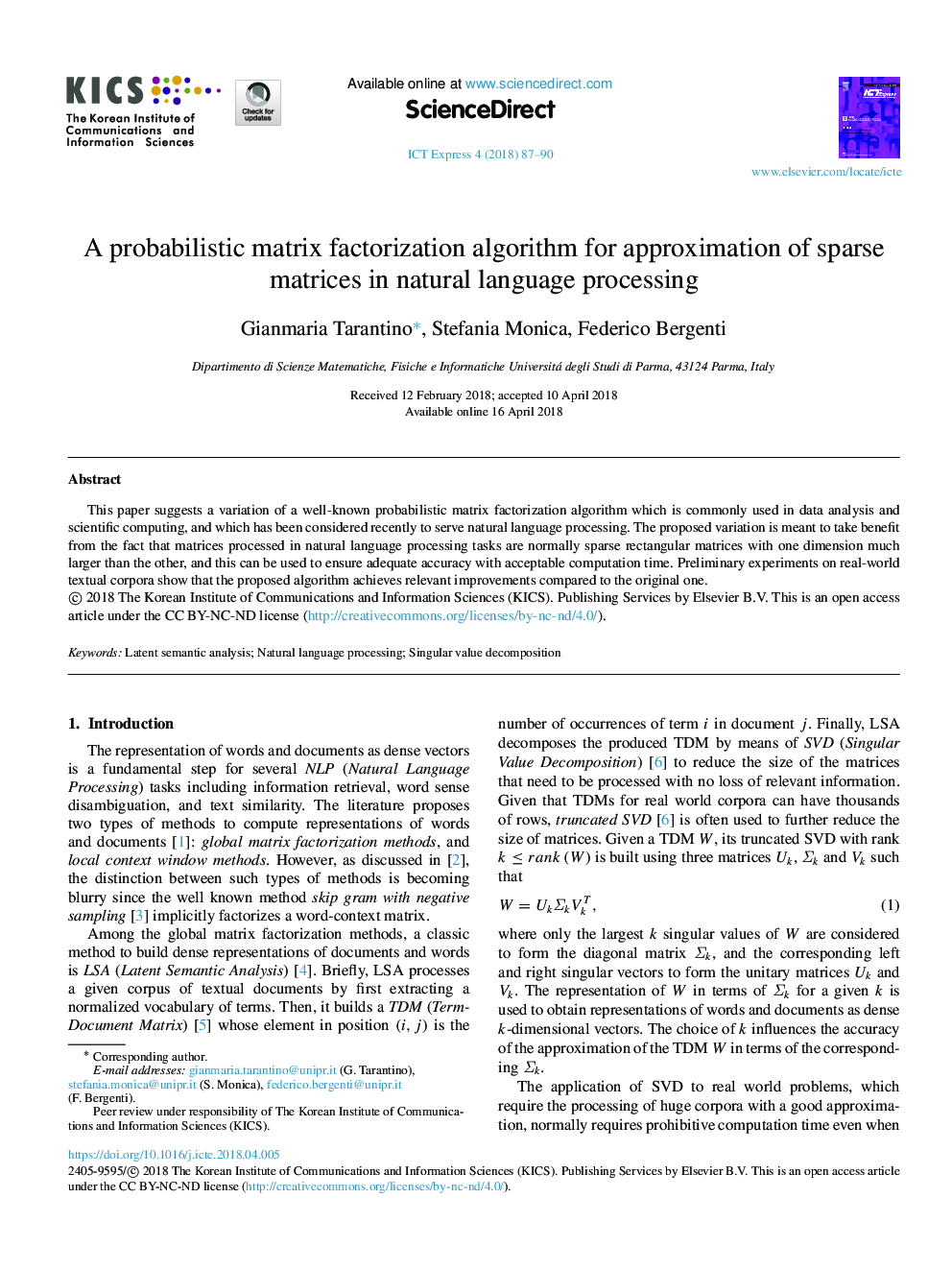 A probabilistic matrix factorization algorithm for approximation of sparse matrices in natural language processing