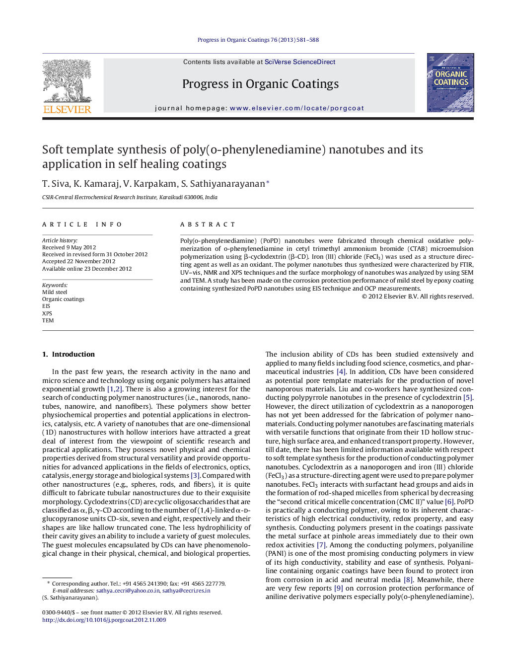 Soft template synthesis of poly(o-phenylenediamine) nanotubes and its application in self healing coatings