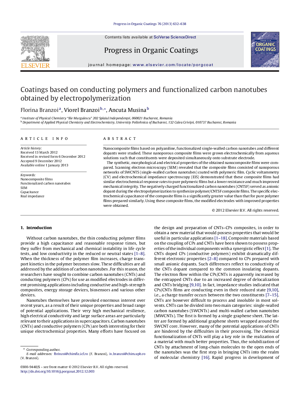 Coatings based on conducting polymers and functionalized carbon nanotubes obtained by electropolymerization