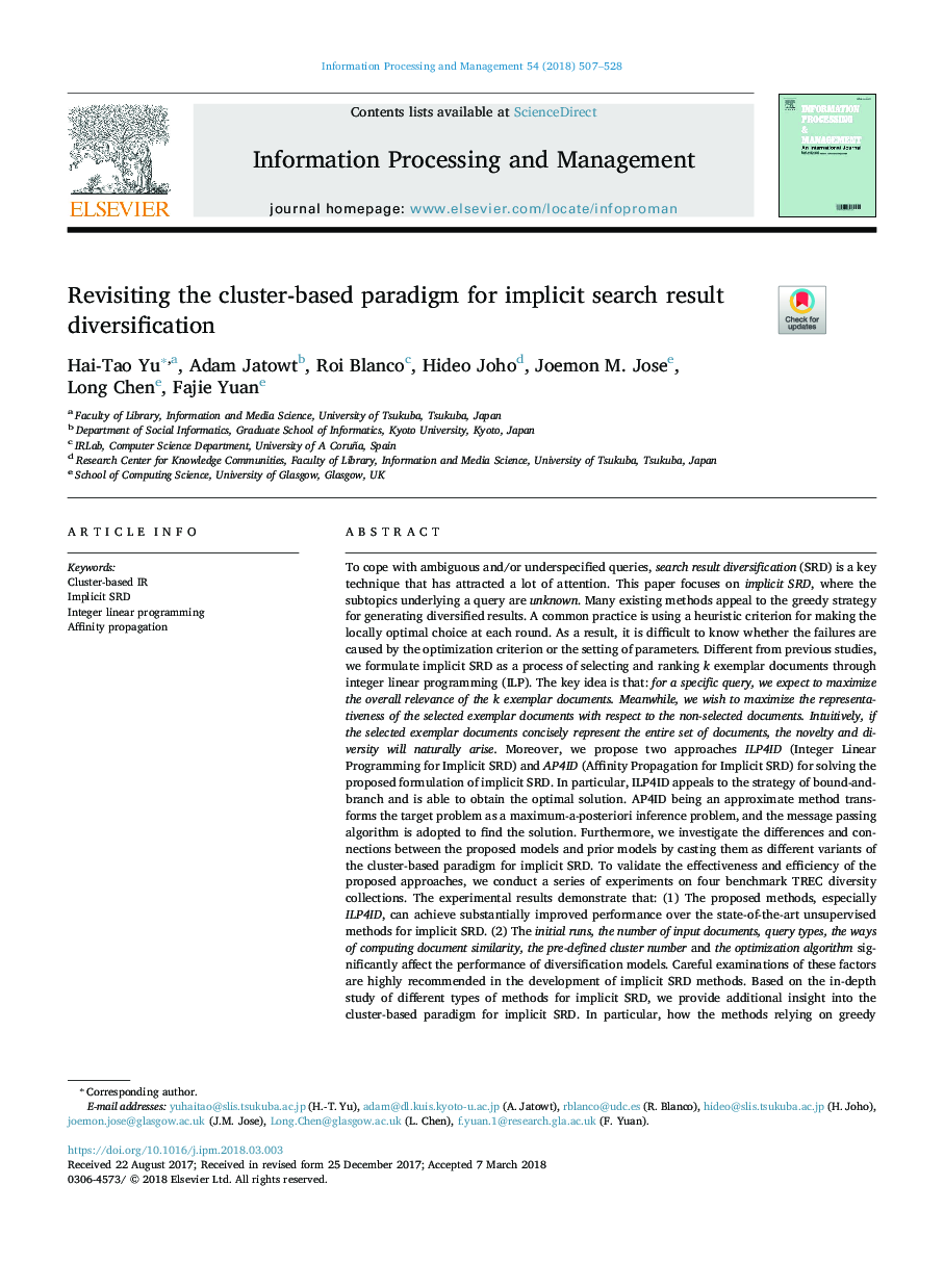 Revisiting the cluster-based paradigm for implicit search result diversification