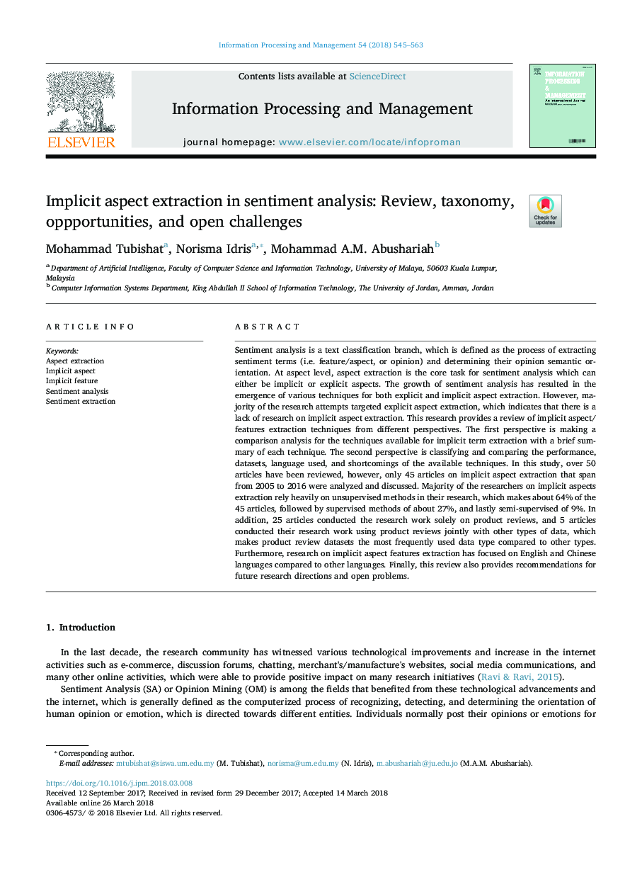 Implicit aspect extraction in sentiment analysis: Review, taxonomy, oppportunities, and open challenges