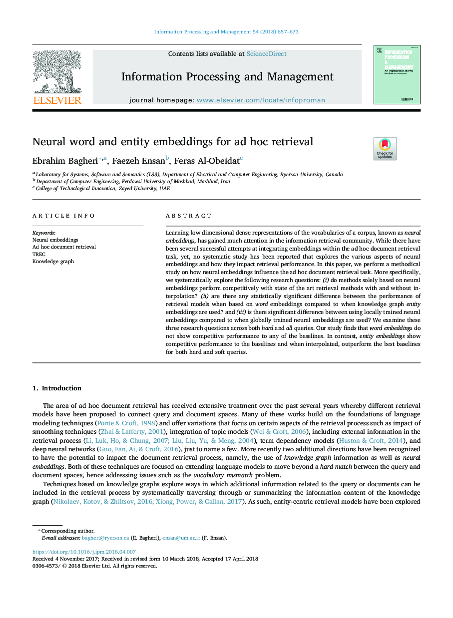 Neural word and entity embeddings for ad hoc retrieval