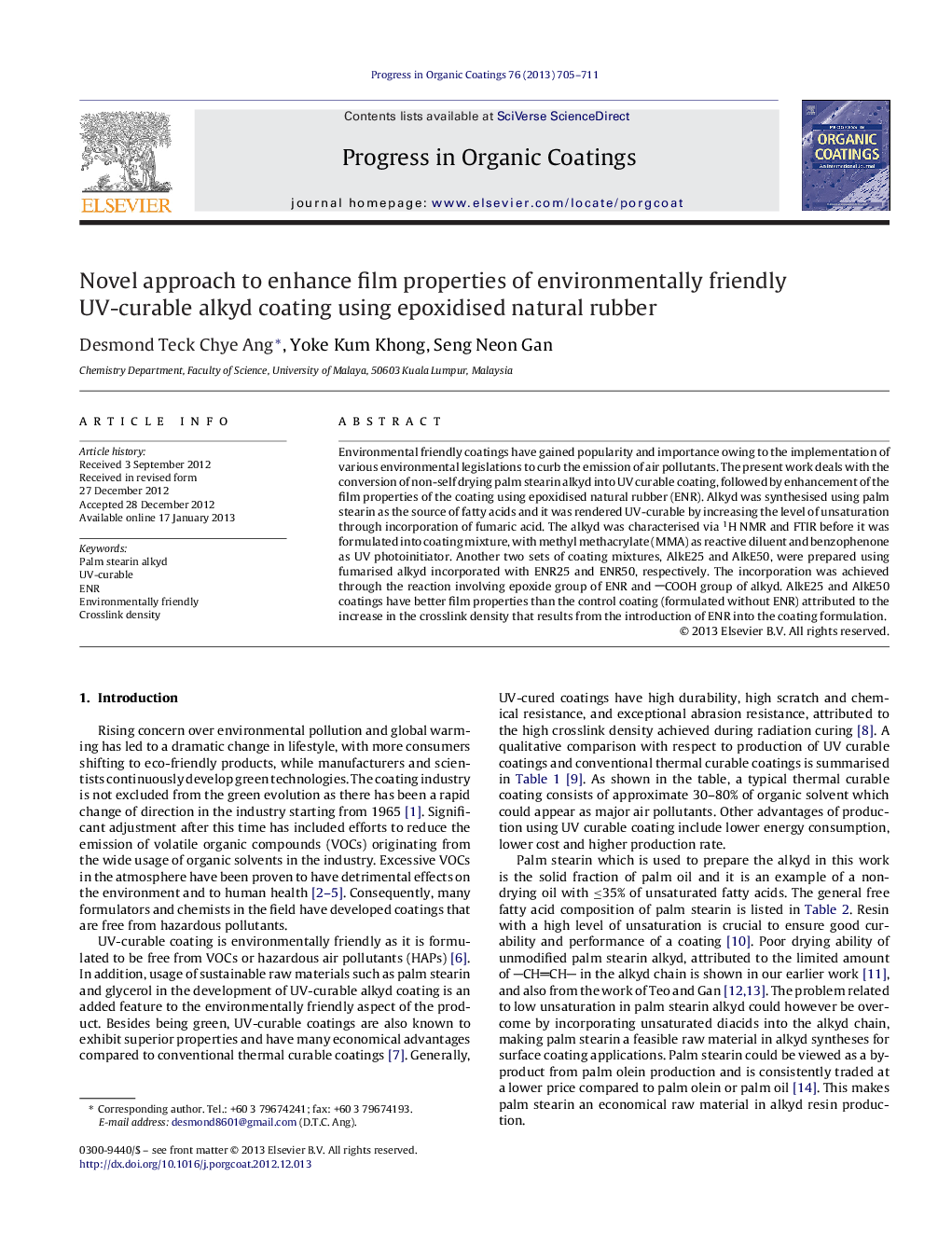 Novel approach to enhance film properties of environmentally friendly UV-curable alkyd coating using epoxidised natural rubber