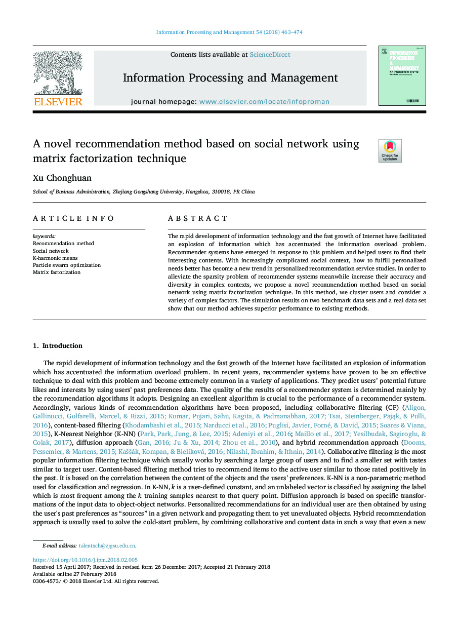 A novel recommendation method based on social network using matrix factorization technique