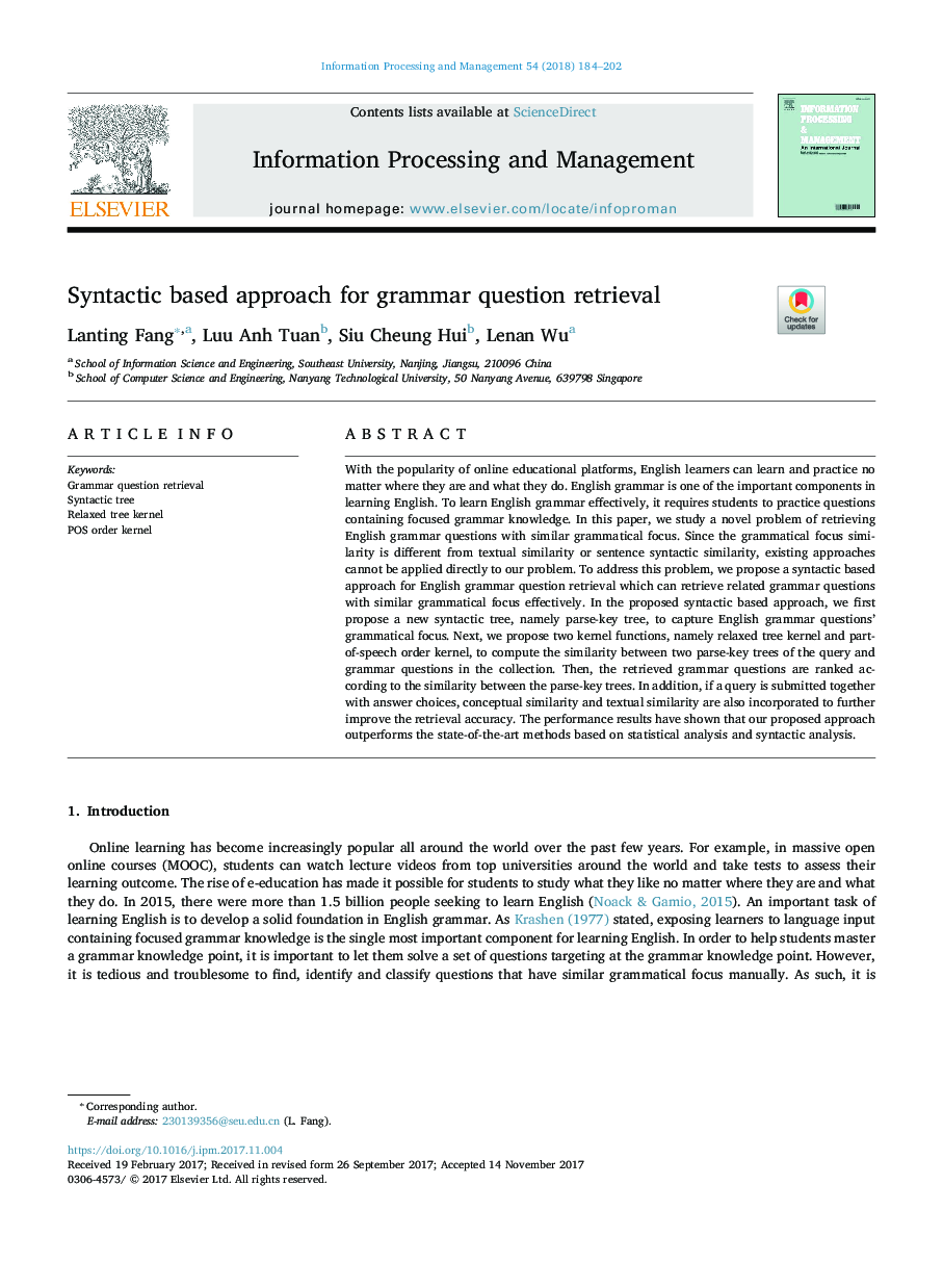 Syntactic based approach for grammar question retrieval