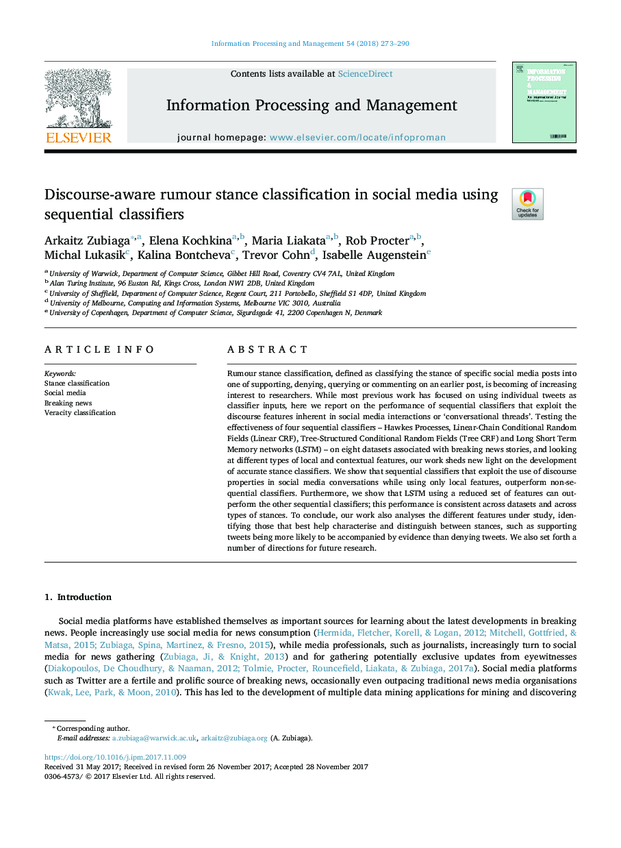 Discourse-aware rumour stance classification in social media using sequential classifiers