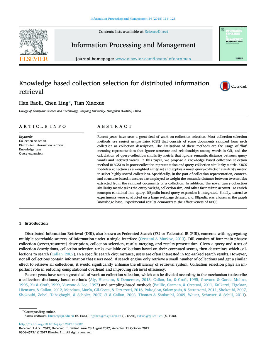 Knowledge based collection selection for distributed information retrieval