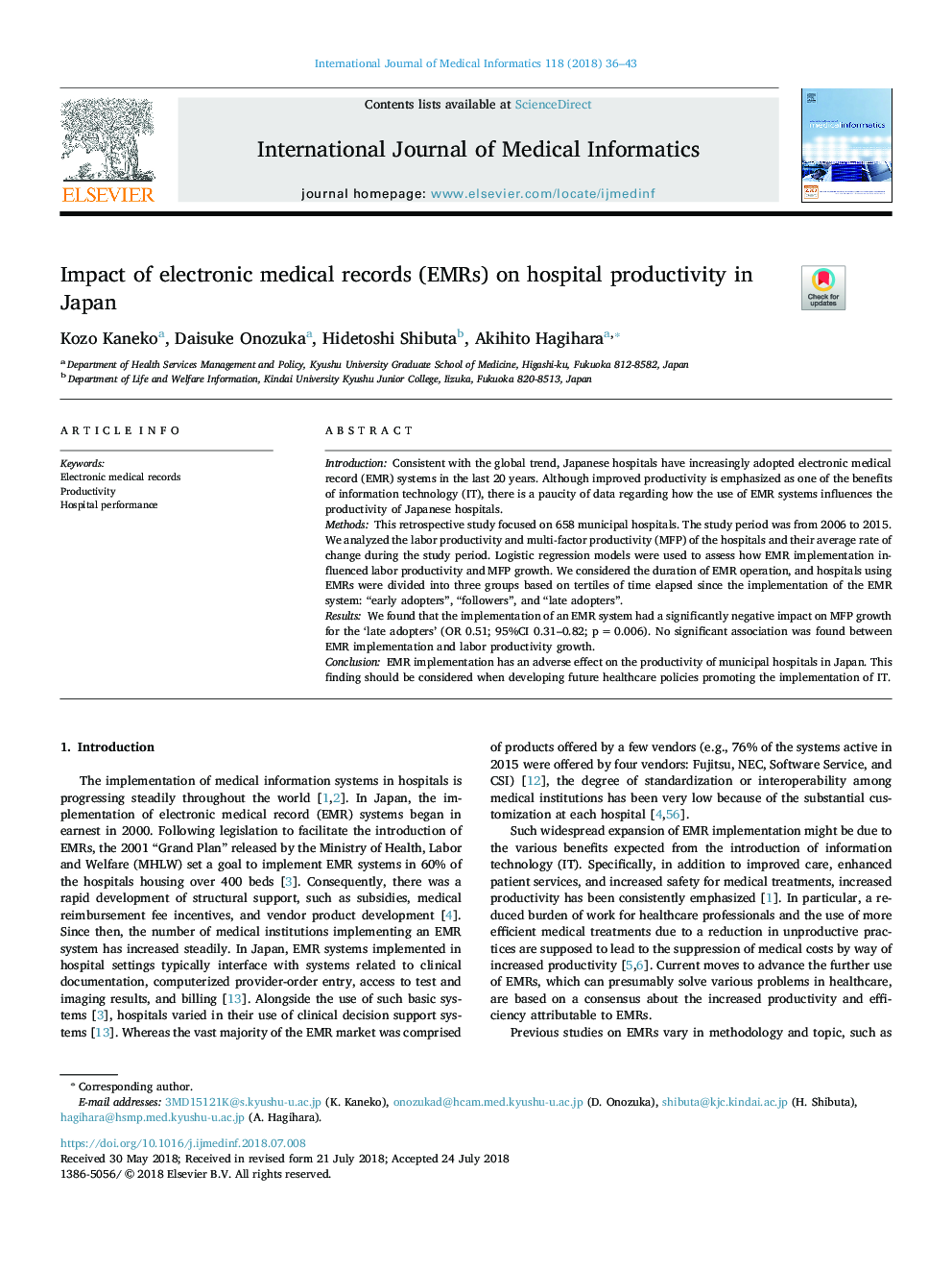 Impact of electronic medical records (EMRs) on hospital productivity in Japan