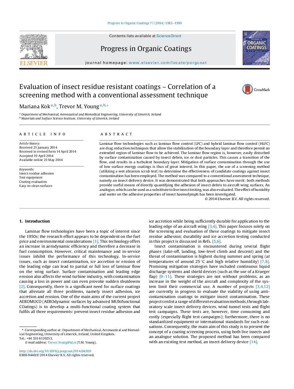 Evaluation of insect residue resistant coatings - Correlation of a screening method with a conventional assessment technique