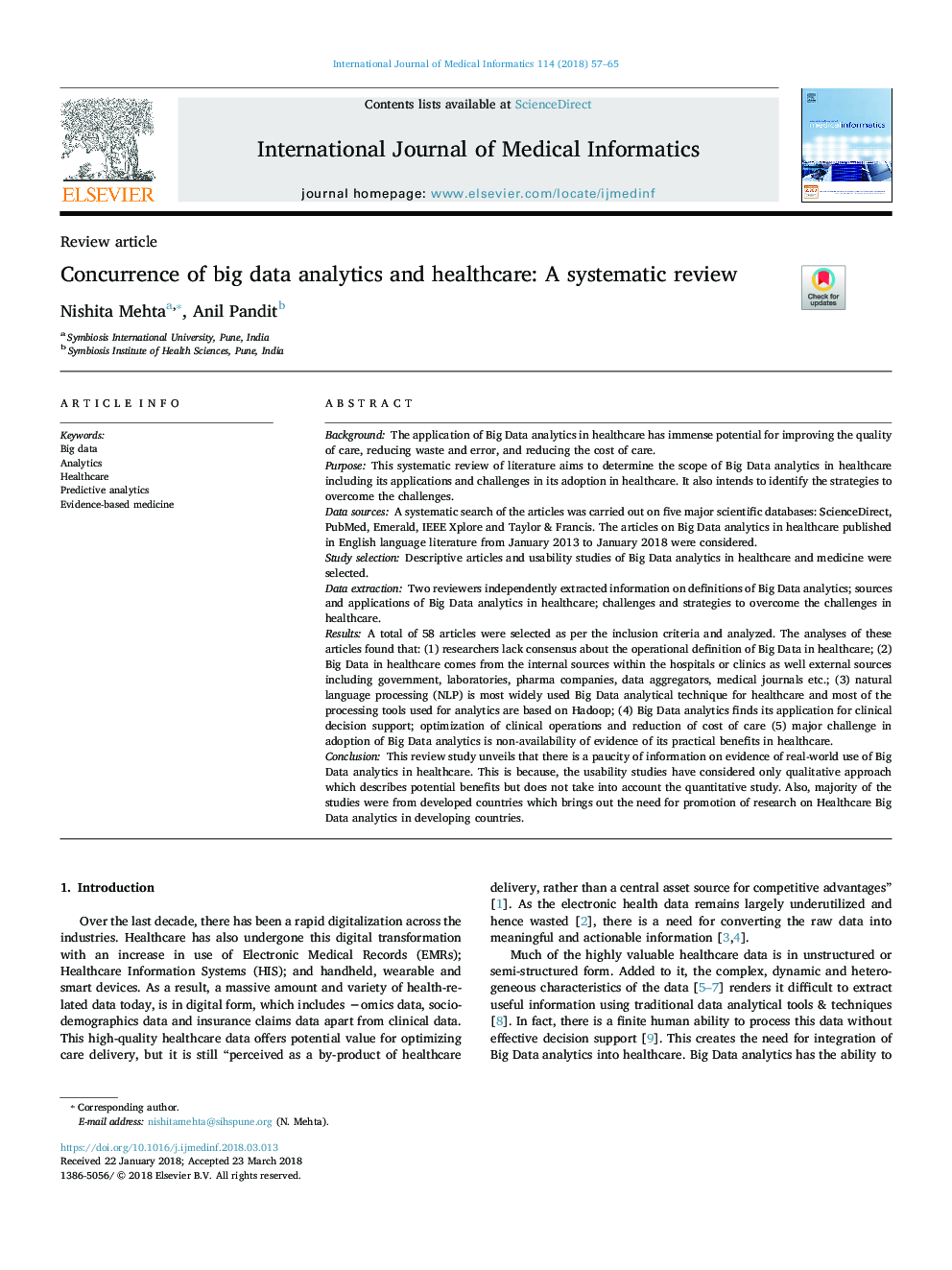 انطباق با تجزیه و تحلیل داده های بزرگ و مراقبت های بهداشتی: بررسی سیستماتیک 