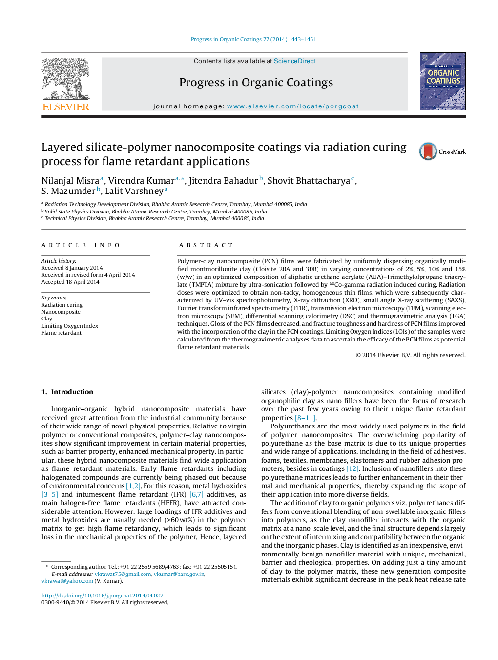 Layered silicate-polymer nanocomposite coatings via radiation curing process for flame retardant applications