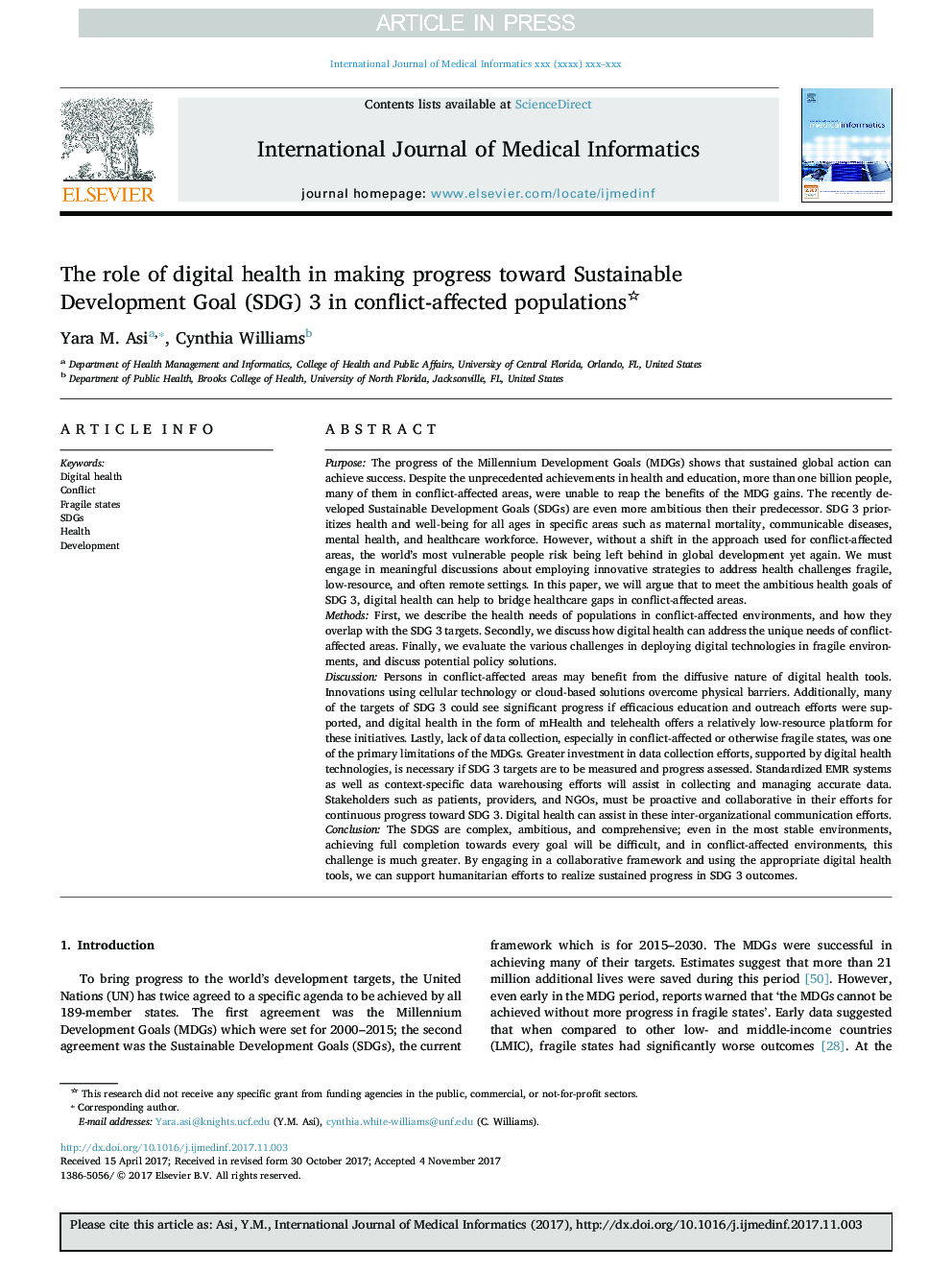 The role of digital health in making progress toward Sustainable Development Goal (SDG) 3 in conflict-affected populations