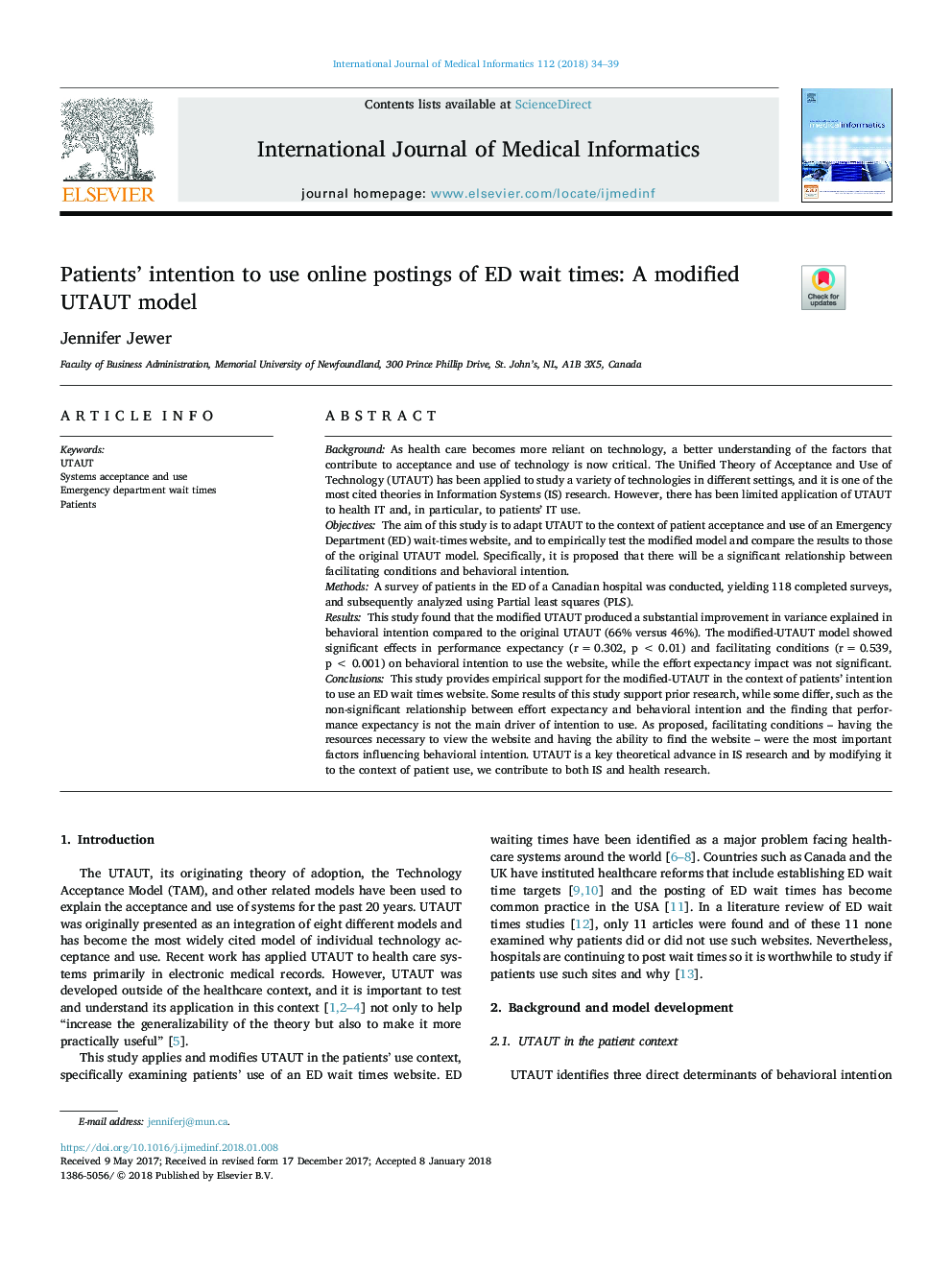 عکس صفحه اول مقاله: Patients' intention to use online postings of ED wait times: A modified UTAUT model Patients' intention to use online postings of ED wait times: A modified UTAUT model