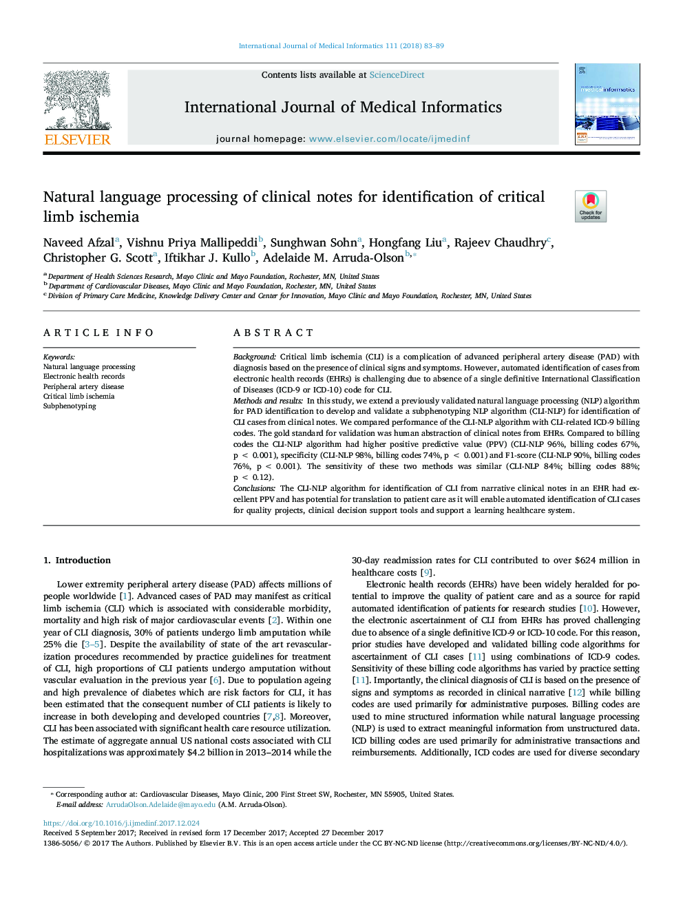 Natural language processing of clinical notes for identification of critical limb ischemia