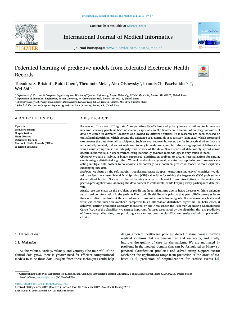 Federated learning of predictive models from federated Electronic Health Records