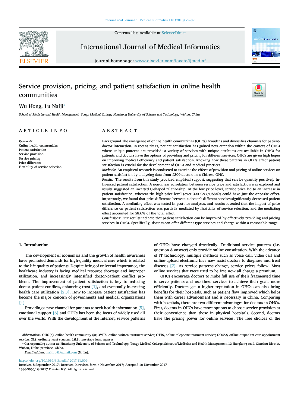 Service provision, pricing, and patient satisfaction in online health communities