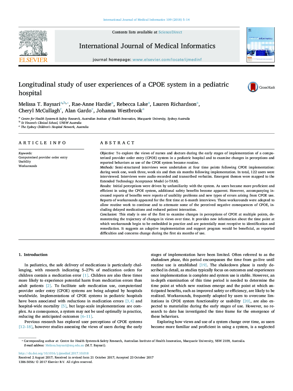 Longitudinal study of user experiences of a CPOE system in a pediatric hospital