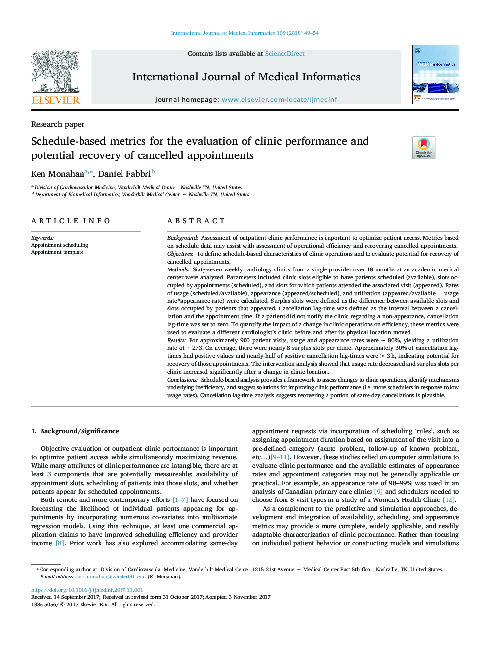 Schedule-based metrics for the evaluation of clinic performance and potential recovery of cancelled appointments