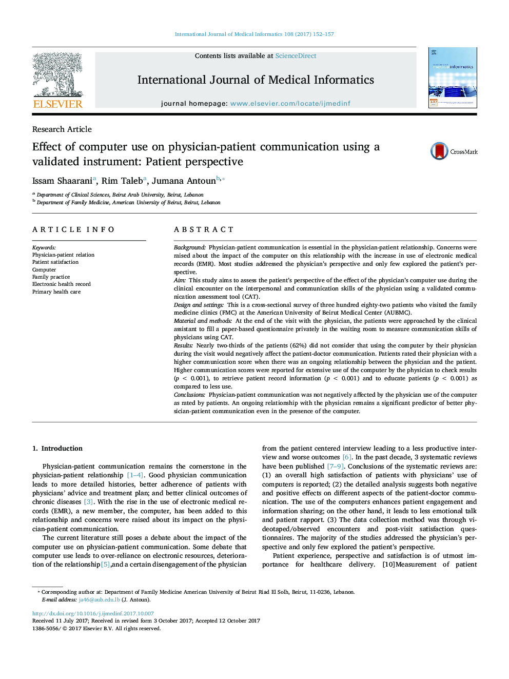 Effect of computer use on physician-patient communication using a validated instrument: Patient perspective