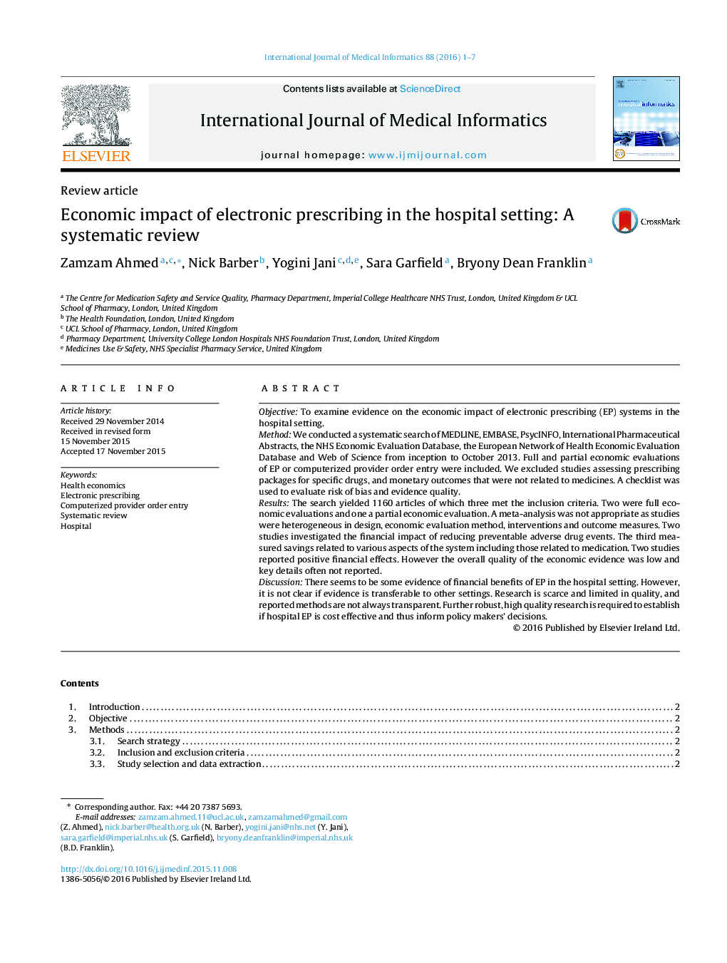 Economic impact of electronic prescribing in the hospital setting: A systematic review