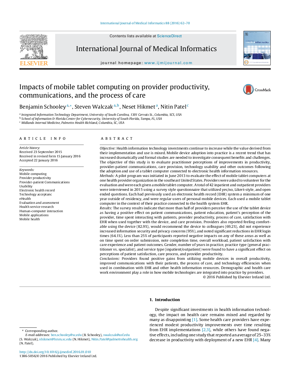 Impacts of mobile tablet computing on provider productivity, communications, and the process of care