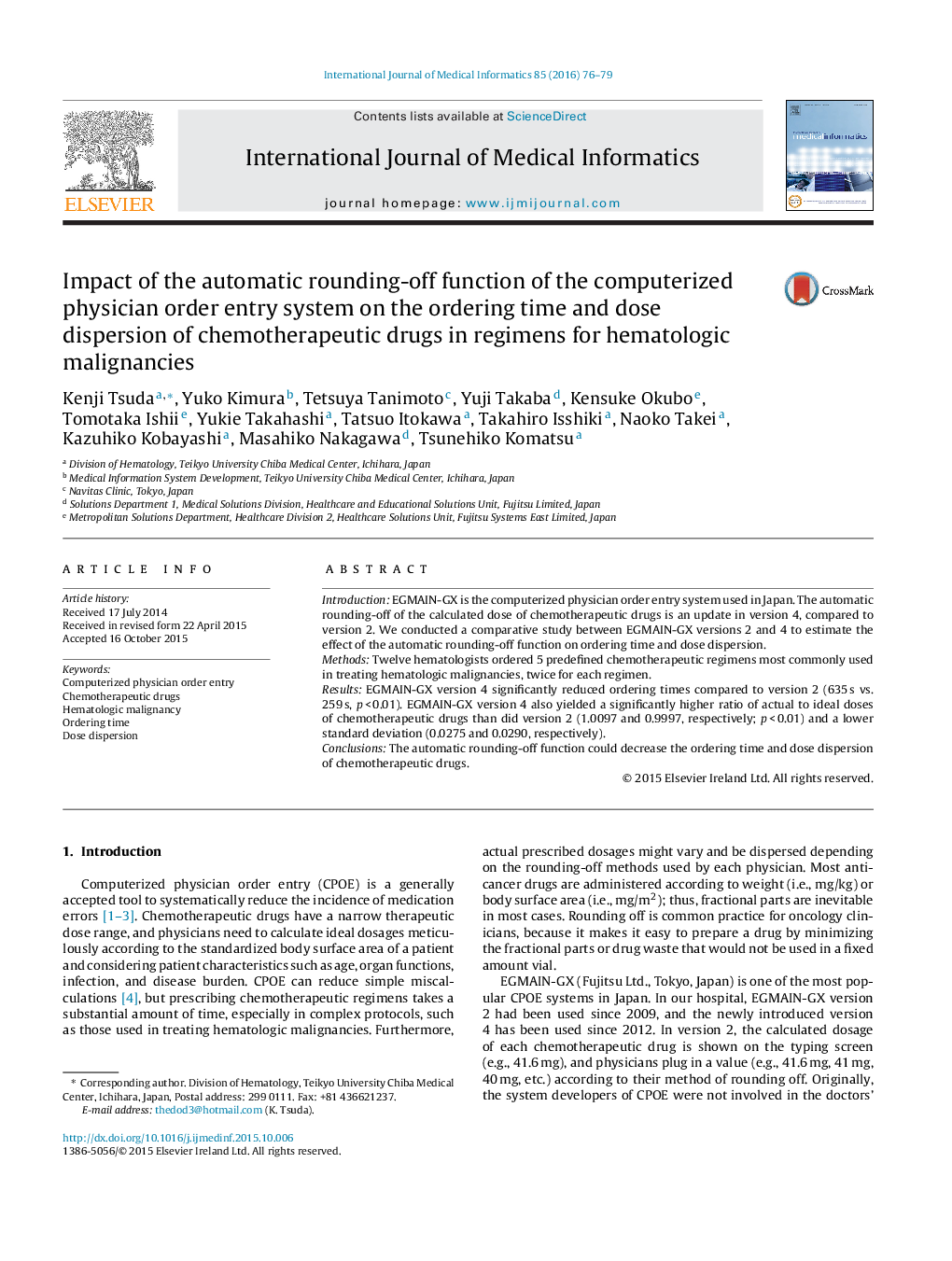 Impact of the automatic rounding-off function of the computerized physician order entry system on the ordering time and dose dispersion of chemotherapeutic drugs in regimens for hematologic malignancies