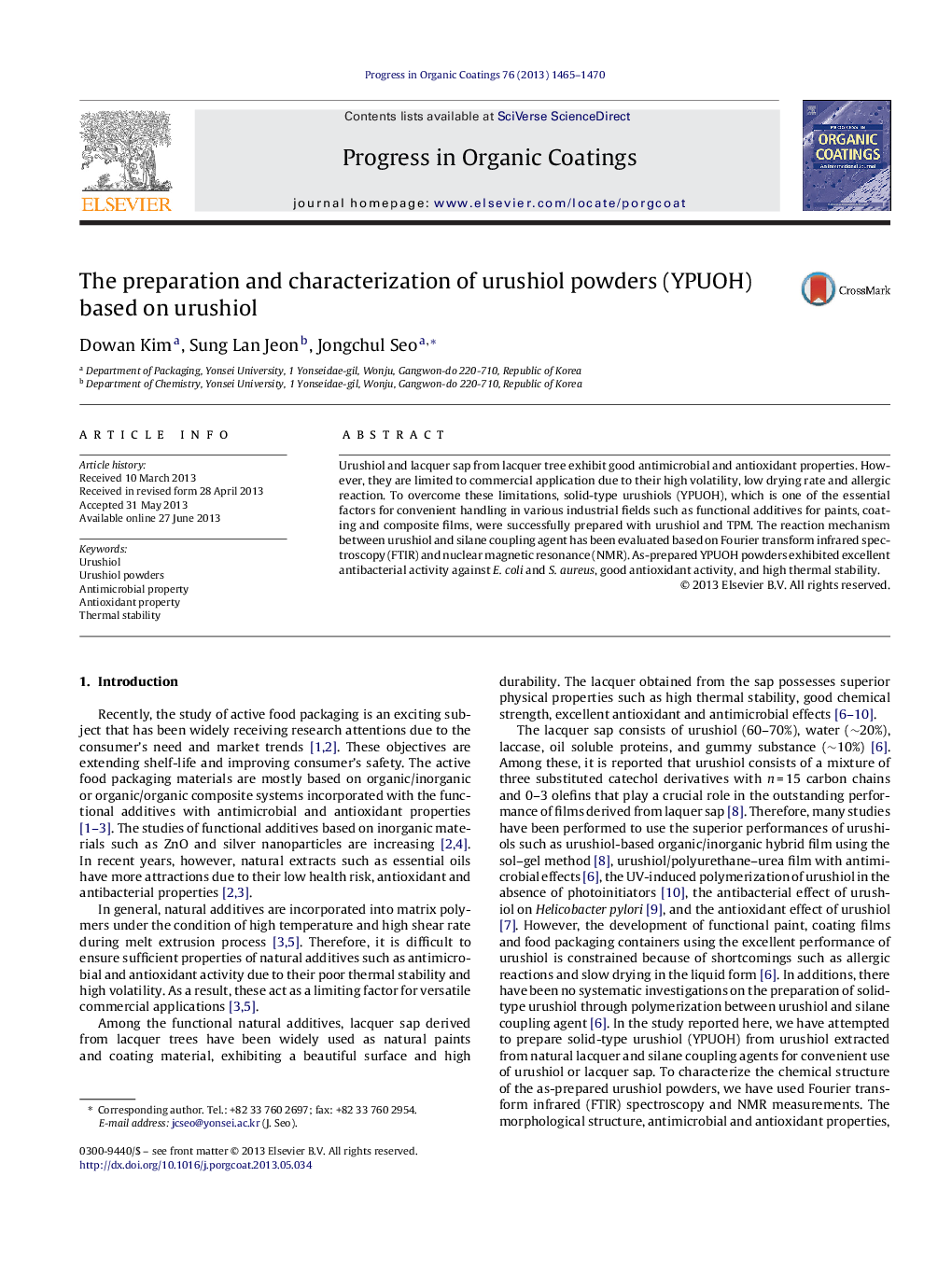 The preparation and characterization of urushiol powders (YPUOH) based on urushiol