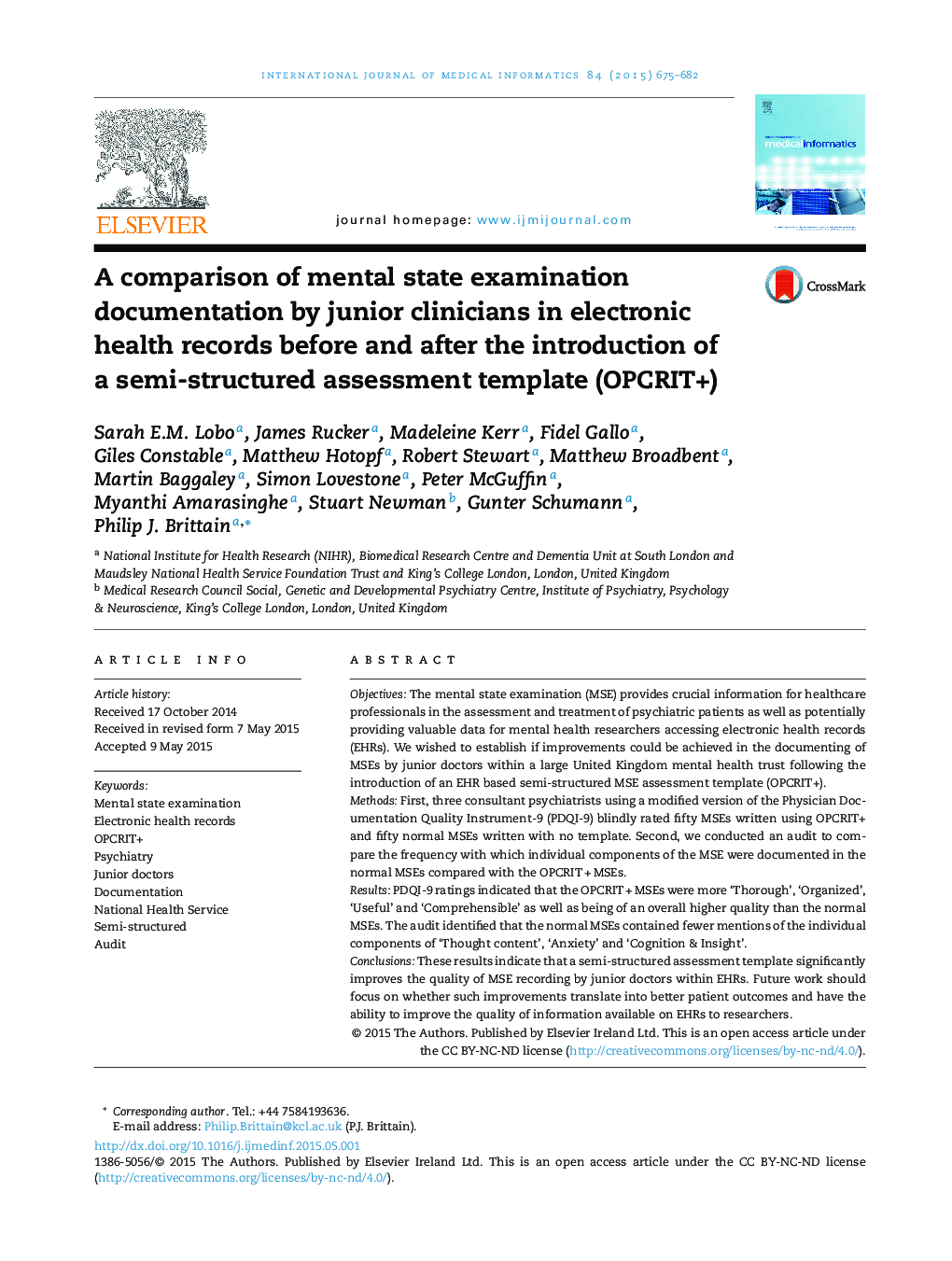 A comparison of mental state examination documentation by junior clinicians in electronic health records before and after the introduction of a semi-structured assessment template (OPCRIT+)