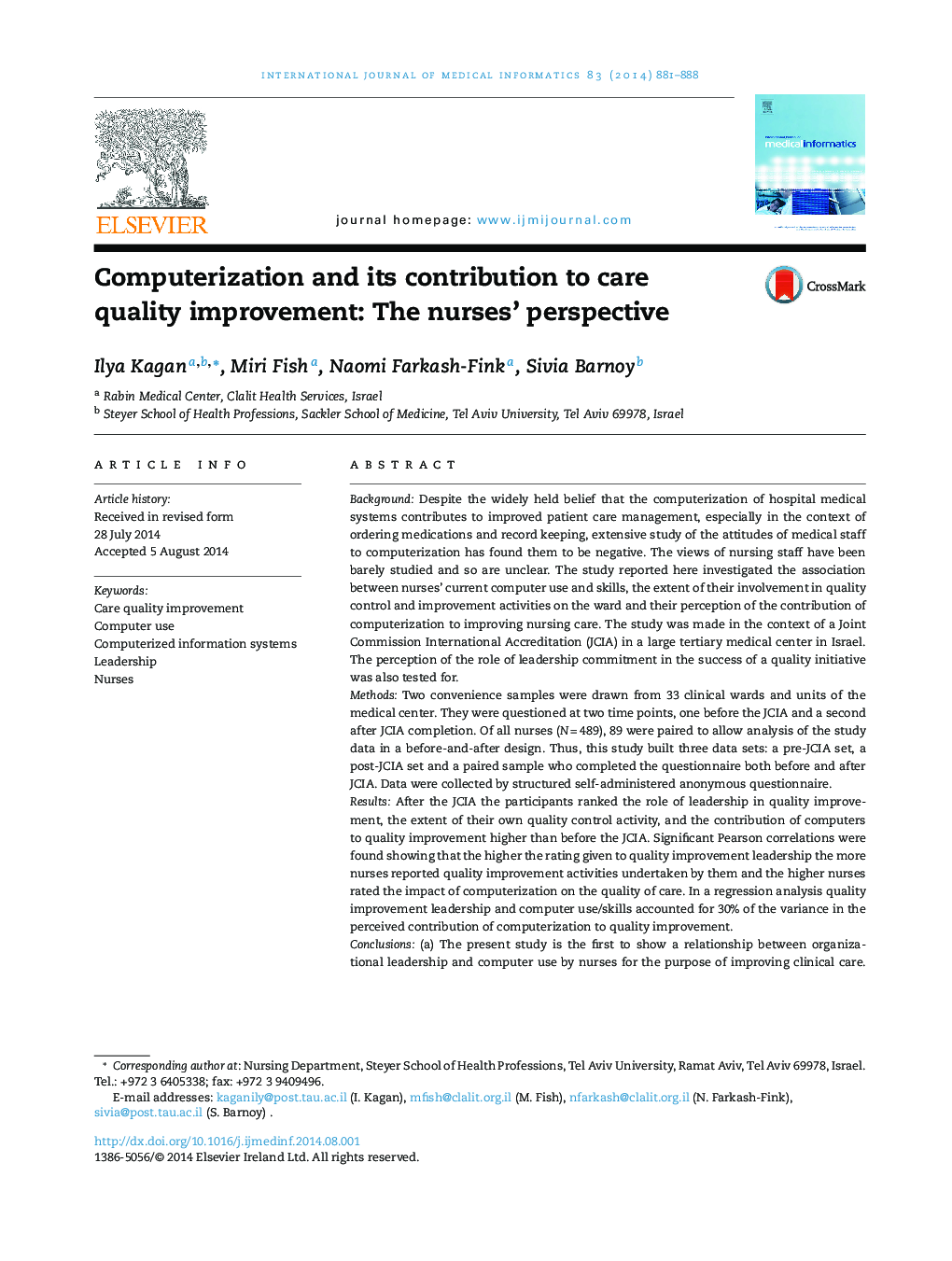 Computerization and its contribution to care quality improvement: The nurses' perspective