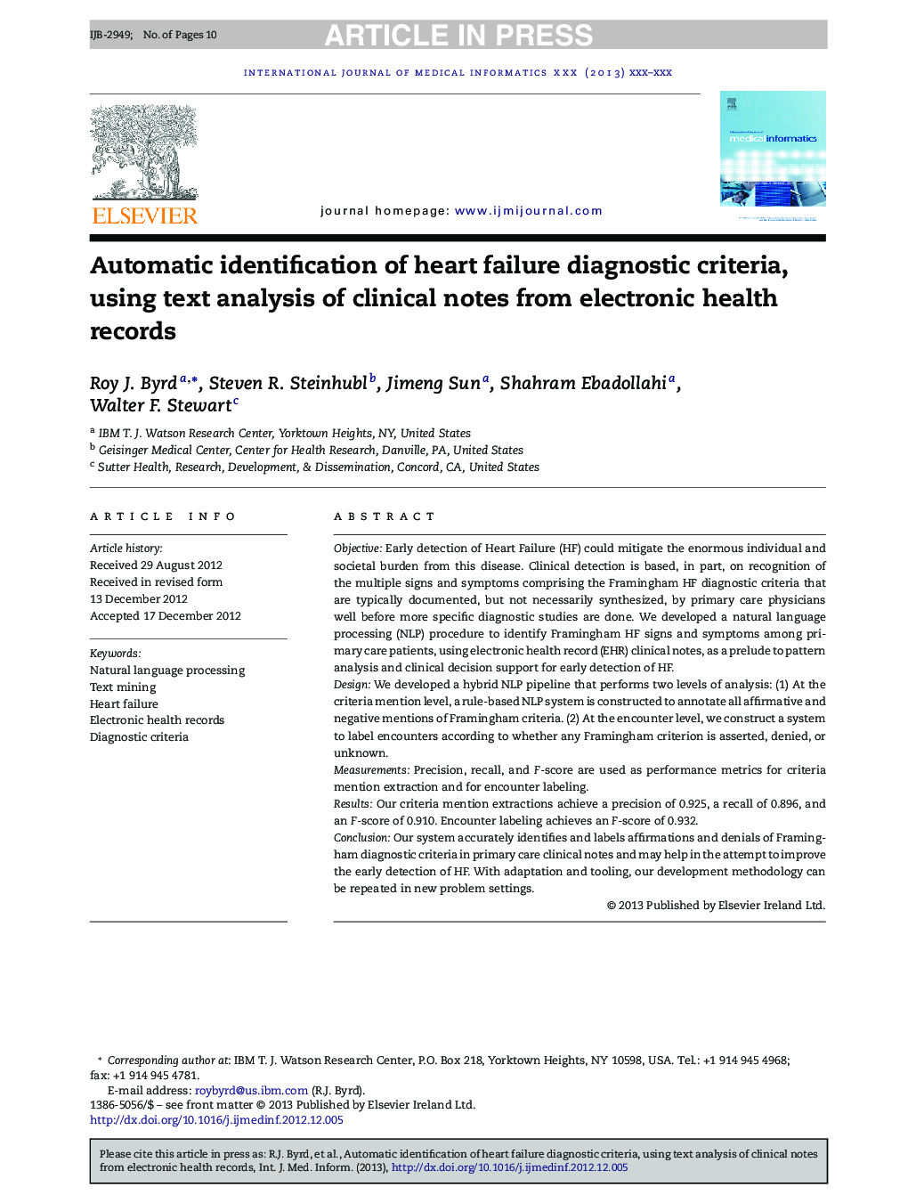 Automatic identification of heart failure diagnostic criteria, using text analysis of clinical notes from electronic health records