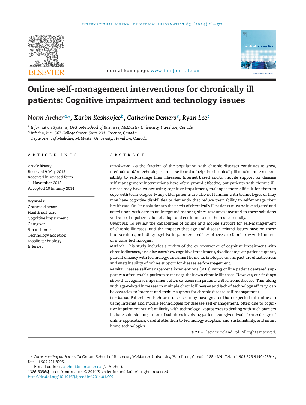 Online self-management interventions for chronically ill patients: Cognitive impairment and technology issues