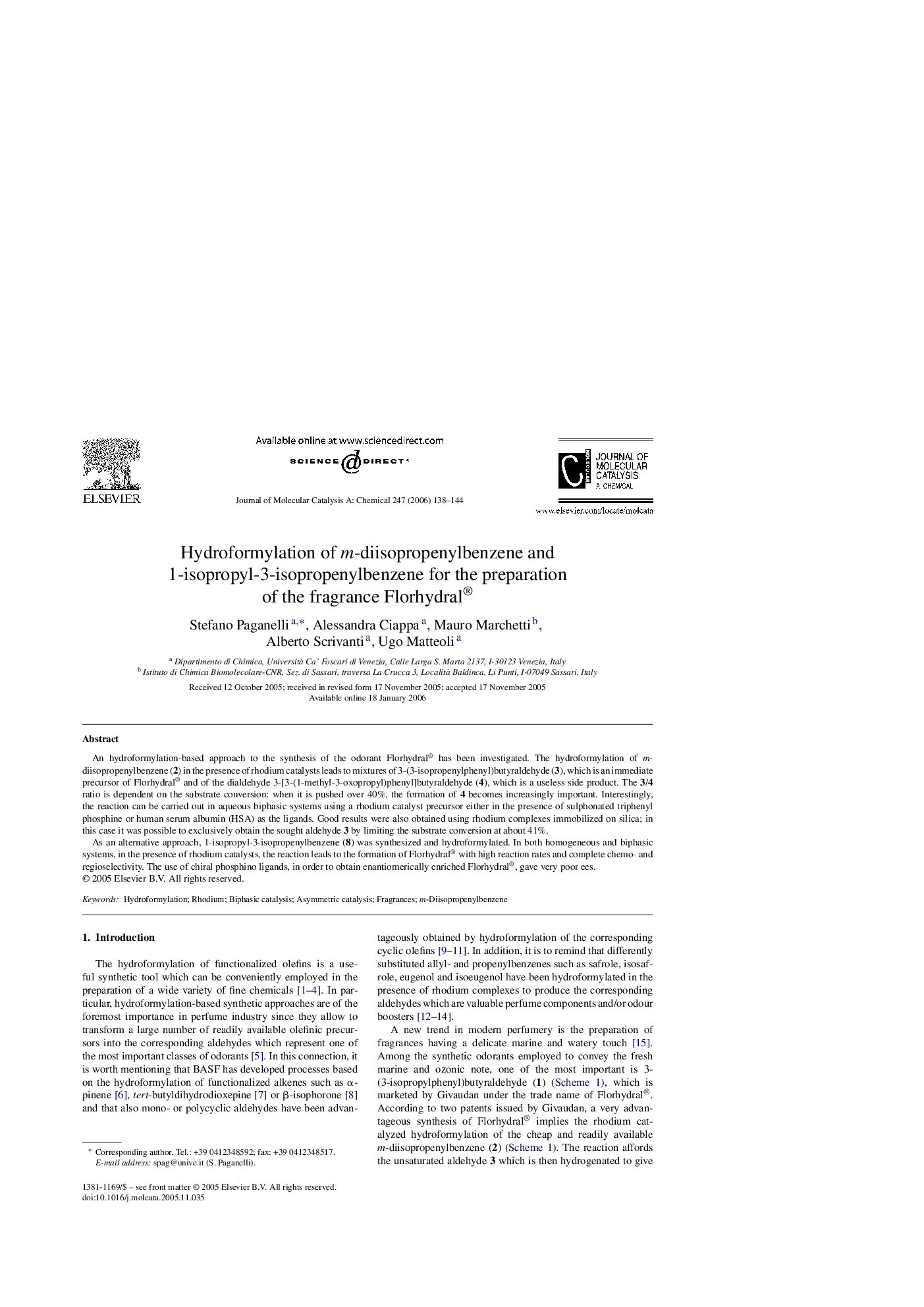 Hydroformylation of m-diisopropenylbenzene and 1-isopropyl-3-isopropenylbenzene for the preparation of the fragrance Florhydral®