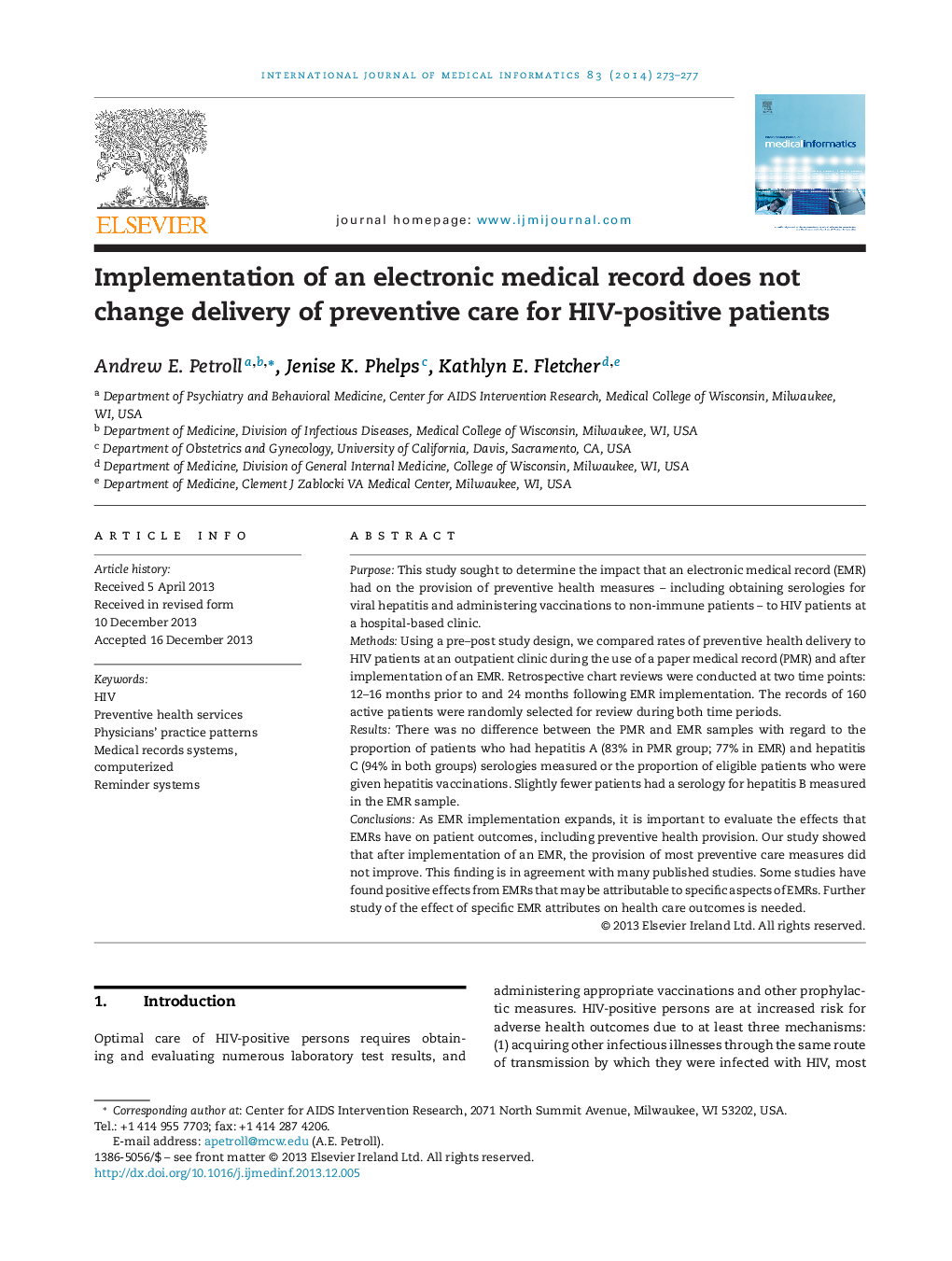 Implementation of an electronic medical record does not change delivery of preventive care for HIV-positive patients