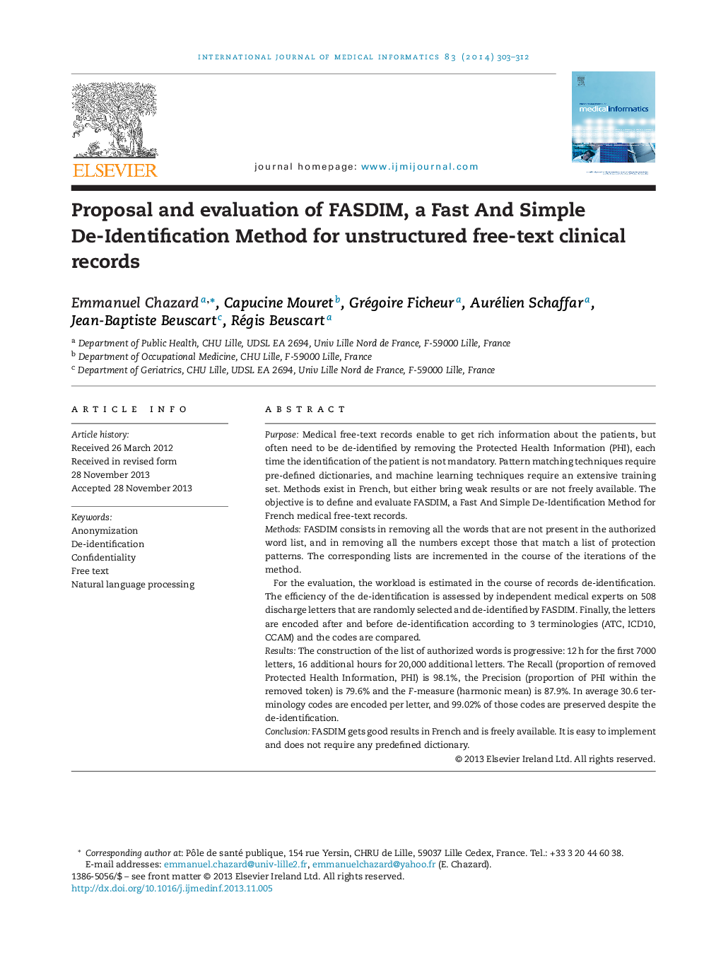 Proposal and evaluation of FASDIM, a Fast And Simple De-Identification Method for unstructured free-text clinical records