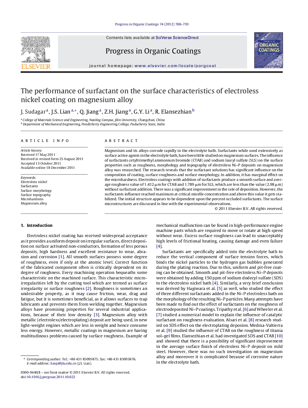 The performance of surfactant on the surface characteristics of electroless nickel coating on magnesium alloy