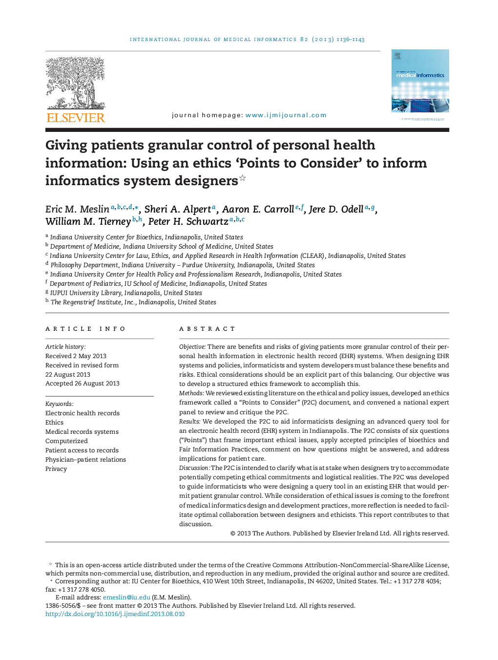 Giving patients granular control of personal health information: Using an ethics 'Points to Consider' to inform informatics system designers