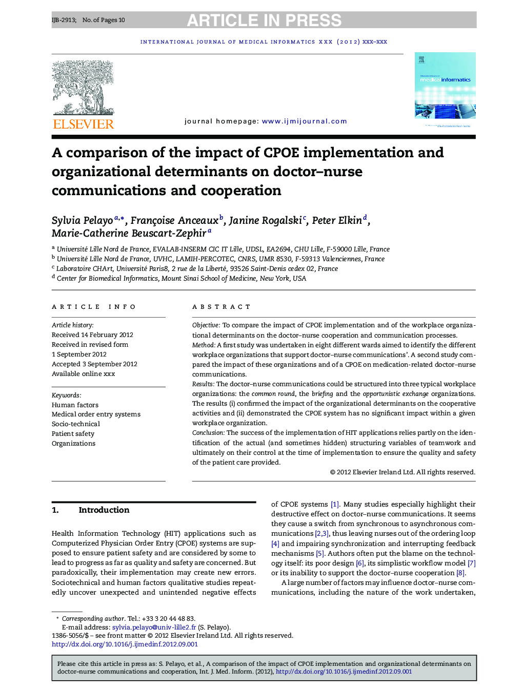 A comparison of the impact of CPOE implementation and organizational determinants on doctor-nurse communications and cooperation