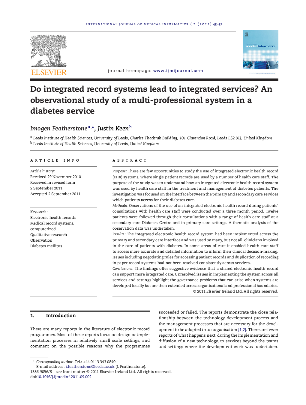 Do integrated record systems lead to integrated services? An observational study of a multi-professional system in a diabetes service