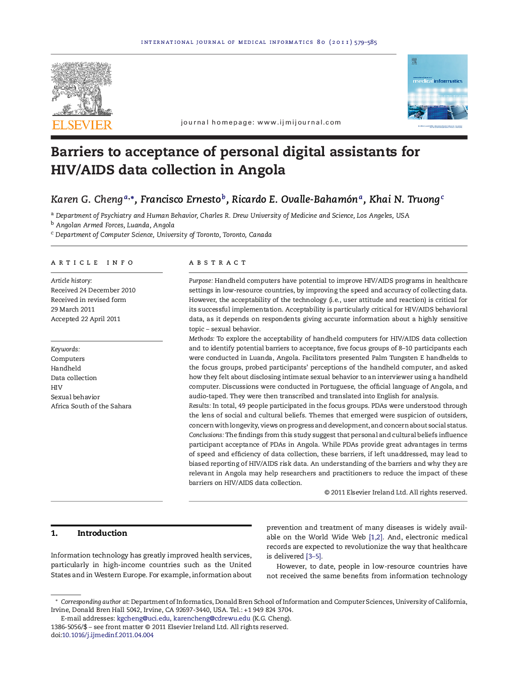 Barriers to acceptance of personal digital assistants for HIV/AIDS data collection in Angola