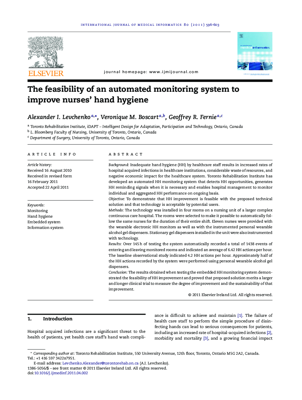 The feasibility of an automated monitoring system to improve nurses' hand hygiene