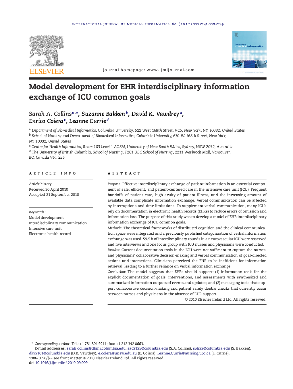 Model development for EHR interdisciplinary information exchange of ICU common goals