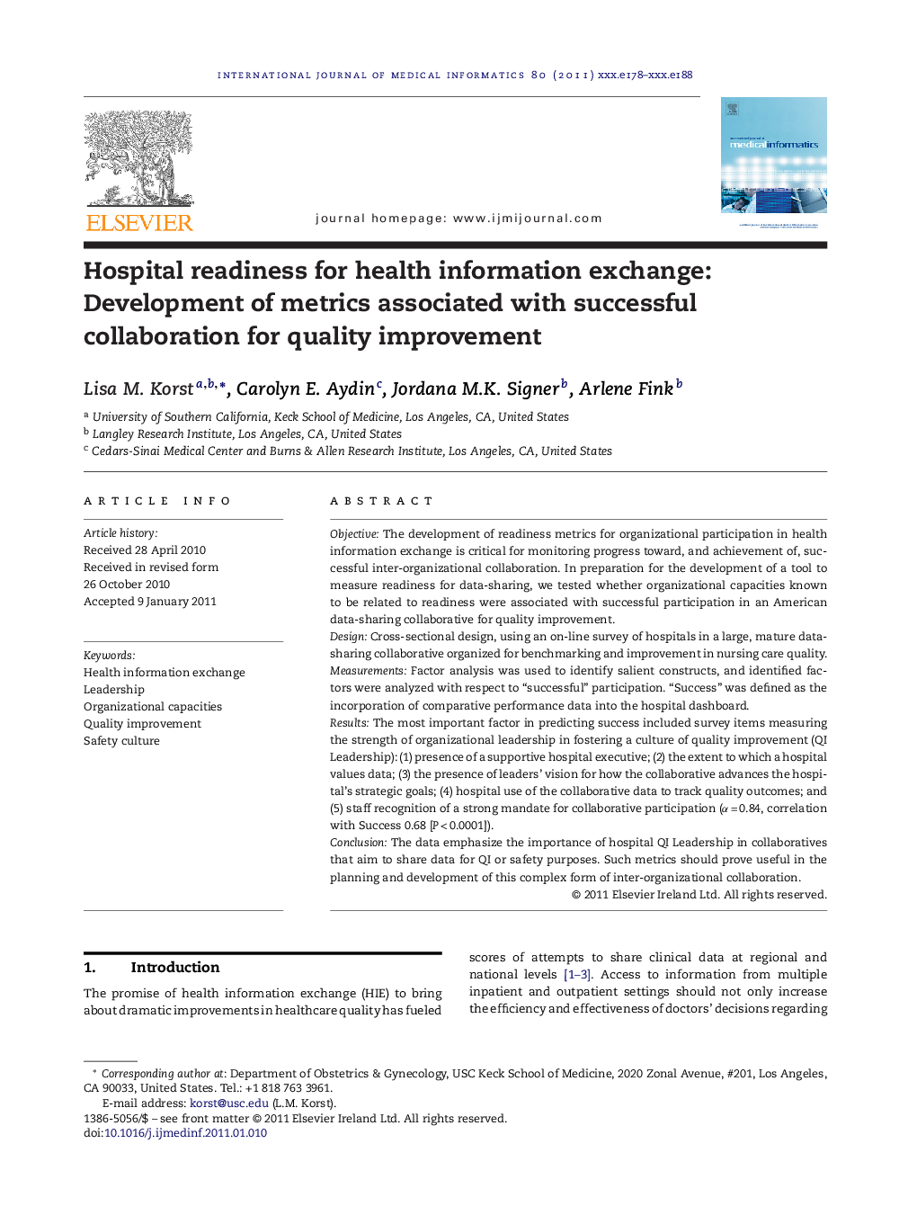 Hospital readiness for health information exchange: Development of metrics associated with successful collaboration for quality improvement