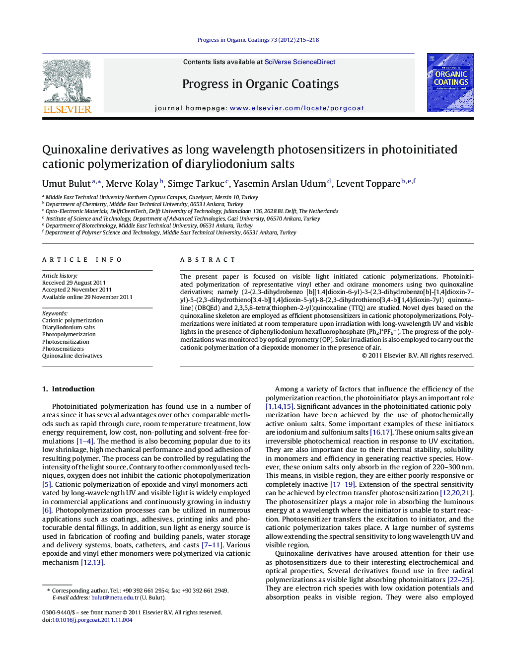 Quinoxaline derivatives as long wavelength photosensitizers in photoinitiated cationic polymerization of diaryliodonium salts